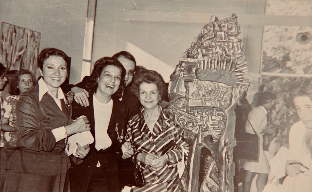 Bizim Gurup (Our Group) art exhibition, Zerrin Bolukbazi (second from left) Kristin Saleri (center) Istanbul 1969